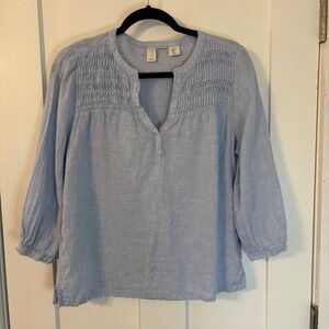 Light Blue 100% Linen Smocked 3/4 Sleeve SZ L Top Peasant Cottage Boho Coastal